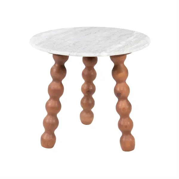 Bout de canapé NELO en marbre blanc et bois de manguier Ø50 cm – By-Boo